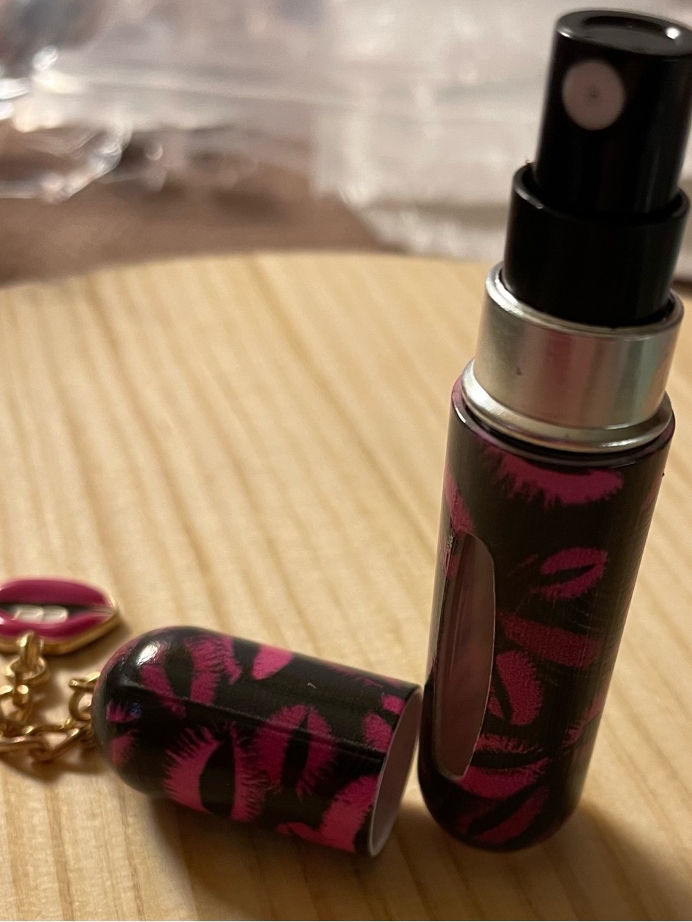 Refillable Pink Kiss-Print Travel Atomizer Keychain